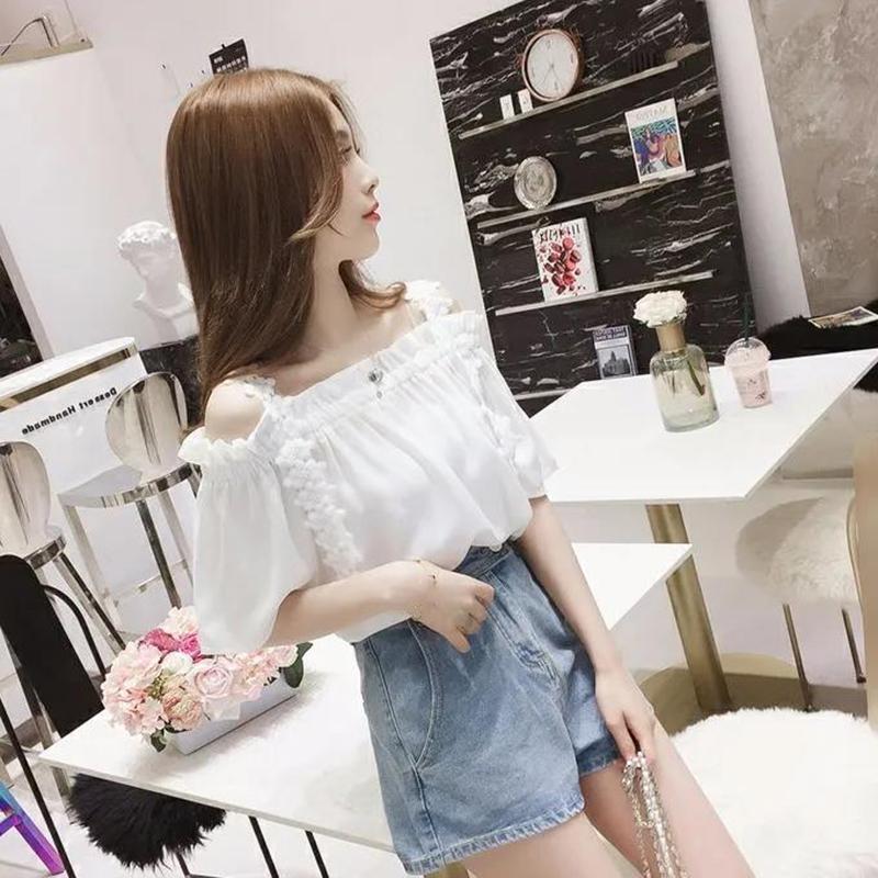 Women's Suspenders Short-sleeved White Blouse Small Shirt One-line Collar Off-the-shoulder Chiffon Shirt Bottoming Shirt Ladies Sweet Style Shirt