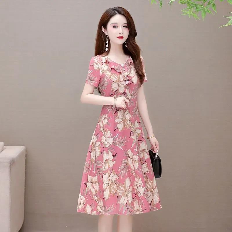 Women's Summer Print Dress Large Size Loose Round Neck A-Line Skirt