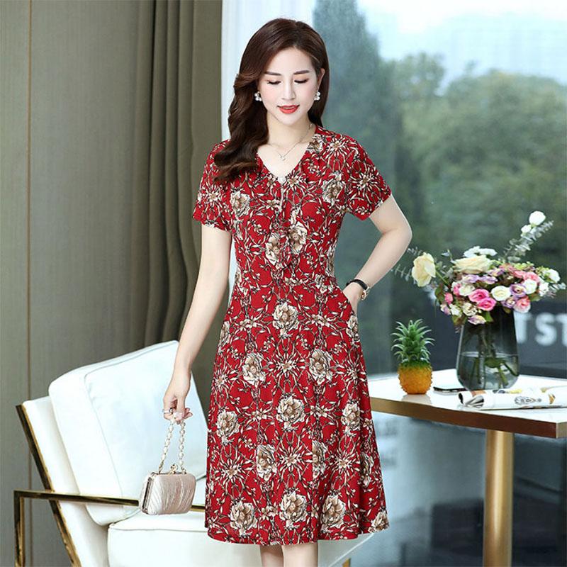 Women's Mid-length Skirt Floral Dress Middle-aged and Elderly Short-sleeved Large Size Loose and Thin Mother Long Skirt