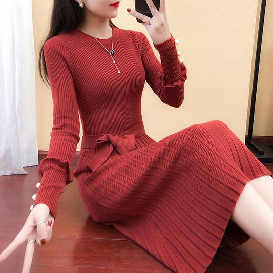 Long Knit Shirt Over The Waist Waist Long Sleeve Round Neck Sweater Bottom Skirt Women's Clothing