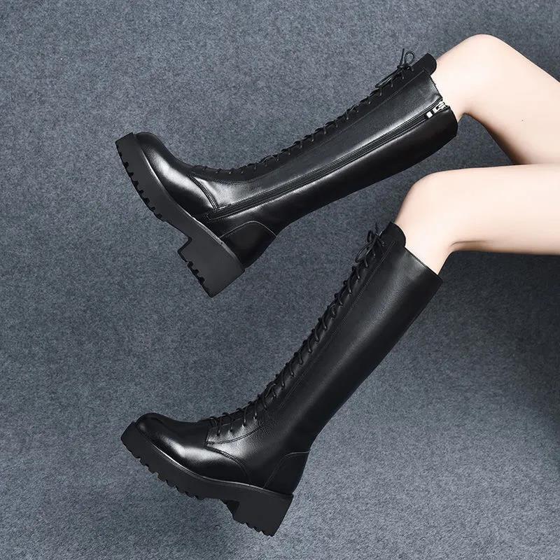 Women's Soft Leather Warm Snow Boots Autumn and Winter Large Size Plush Thick-soled Long Martin Boots