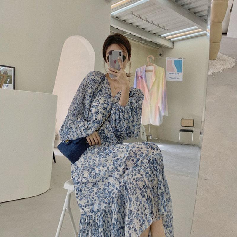 Chiffon Long Skirt Female Summer Holiday Style Retro Floral French Dress V-neck Spring Summer Casual Long Sleeves