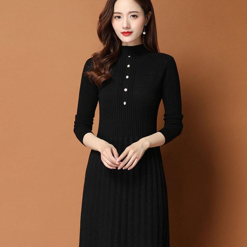 Autumn and Winter Thick Knitted Dress Mid-length Over The Knee Casual Bottoming Skirt Fashion Solid Color Women's Sweater Dress