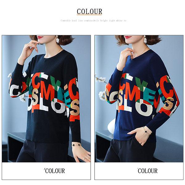Fall Winter Woolen Sweater Contrast Letter Printed O-Neck Long-sleeve Bottoming Sweater Ladies Pullover Knit Jumper