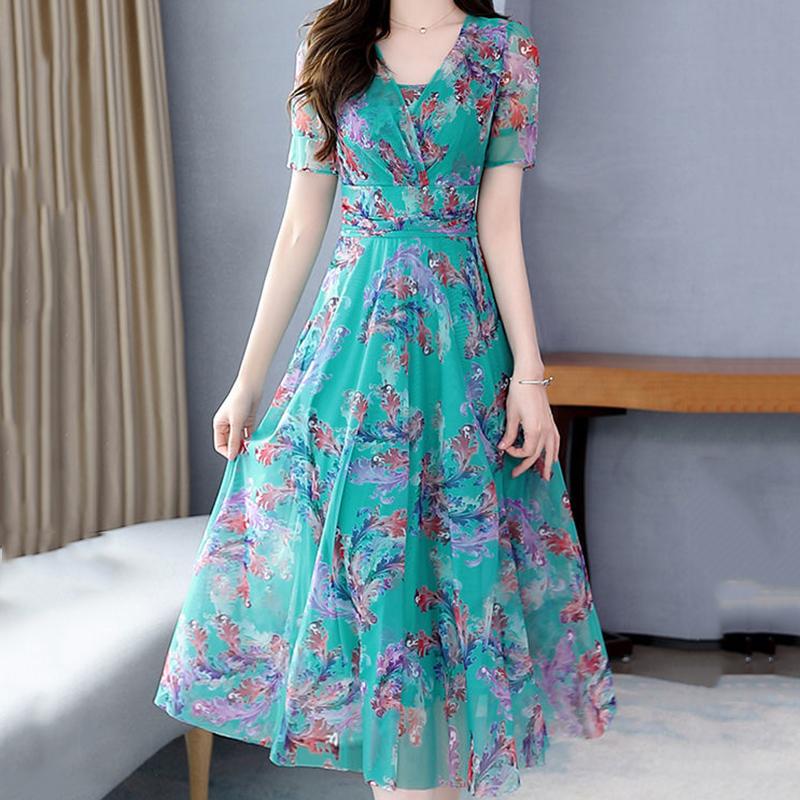 High-end Large Size Dress Ice Silk Fairy Skirt Sweet Floral Temperament Chiffon Summer Dress Waist Thin Fabric Light and Breathable