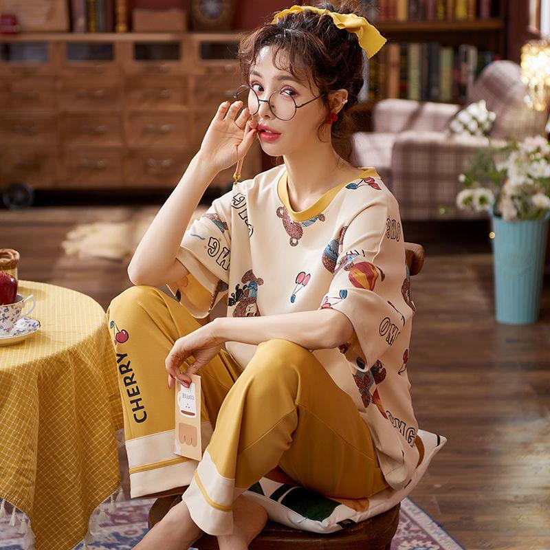 Loose Large Size Can Be Worn Outside Pajamas Suit Women Short-sleeved Trousers Cotton Suit Cute Lace Side Pajamas Casual Home Wear