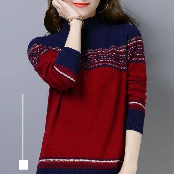 Vintage Printed Sweater Women High Neck Sweater National Style Clothes Knitted Bottoming Shirt Loose Short Sweater Top