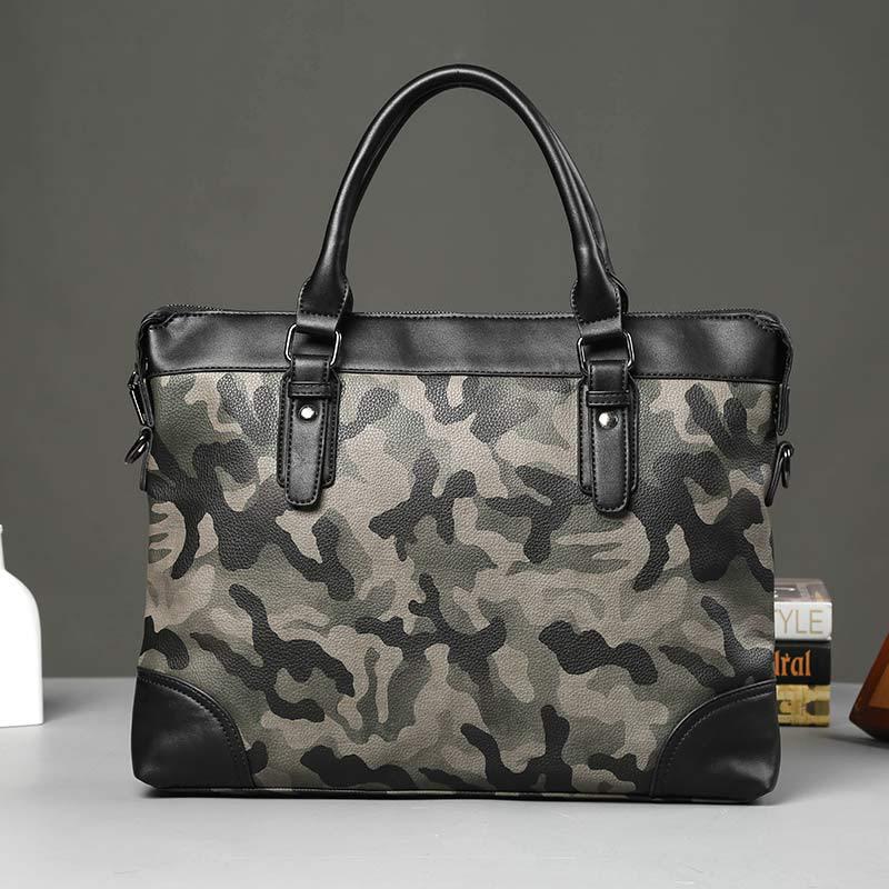 Business Briefcase Men Camouflage PU Leather Zipper Waterproof Handbag Shoulder Bags Messenger Bag