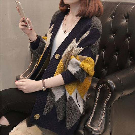 Colorblock Printing V-neck Jacket Autumn and Winter Button Knit Cardigan Loose Casual Sweater