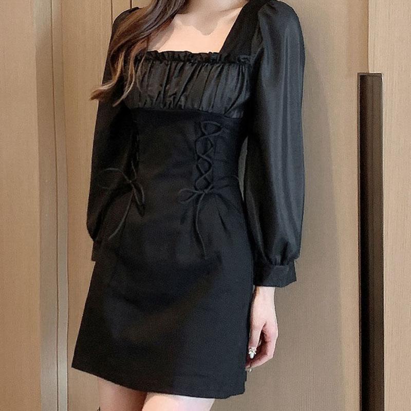 Autumn French Design Sense of Niche Temperament Skirt Is Thin Folds Square Collar White Waisted Celebrity Dress