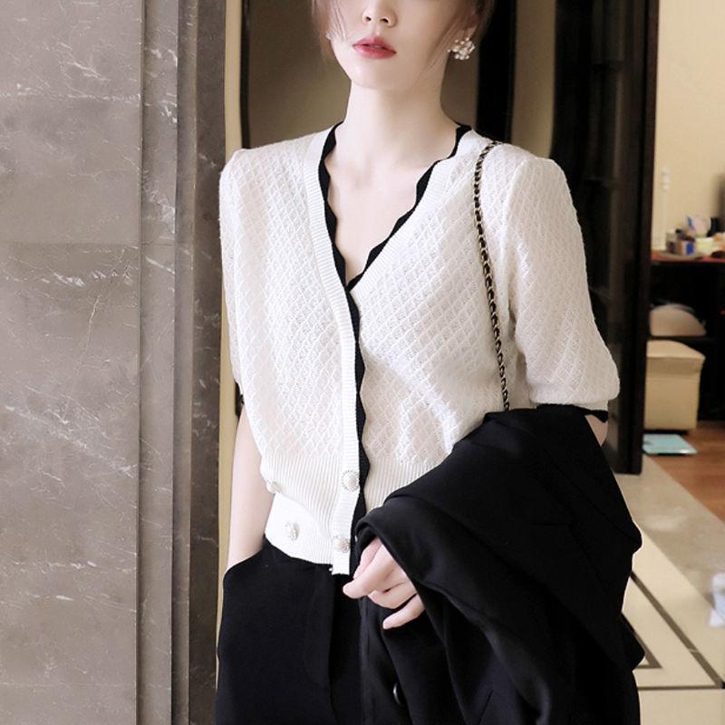 Wavy Edge Ice Silk Mid-sleeve Temperament Outer Wear Short-sleeved Women's Slim Summer Thin Knitted Sweater Top