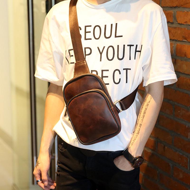 Retro Chest Bag Men Coffee Soft Leather Large-capacity Pockets Outdoor Sports Fitness Shoulder Bag