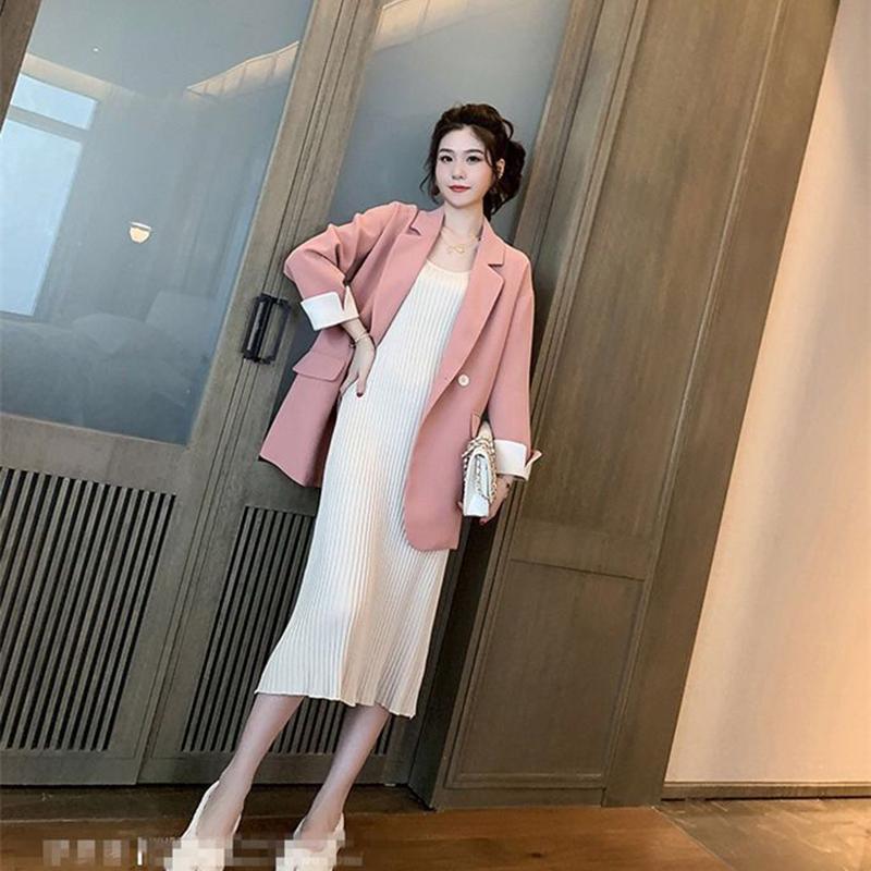 Korean Version   Pink Small Suit Jacket Women's Double-breasted Loose Casual Suit Spring  Autumn