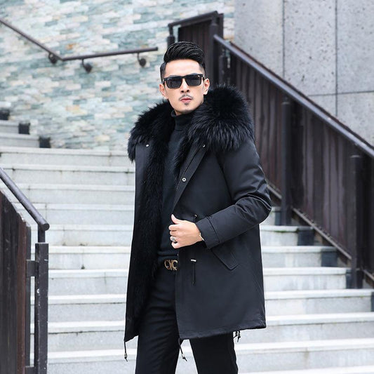 Male Haining Fashion Imitation Raccoon Fur Parker Clothing Mid-length Detachable Liner Fur Coat