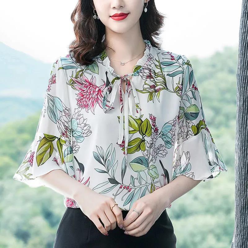 Summer Chiffon Shirt Women's Loose Plus Size Printed Shirt Doll Collar Top