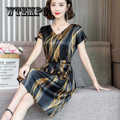 Simulation Silk Dress Female Long Short Sleeve Summer New Small Stripe Imitation Silk Print Dresses