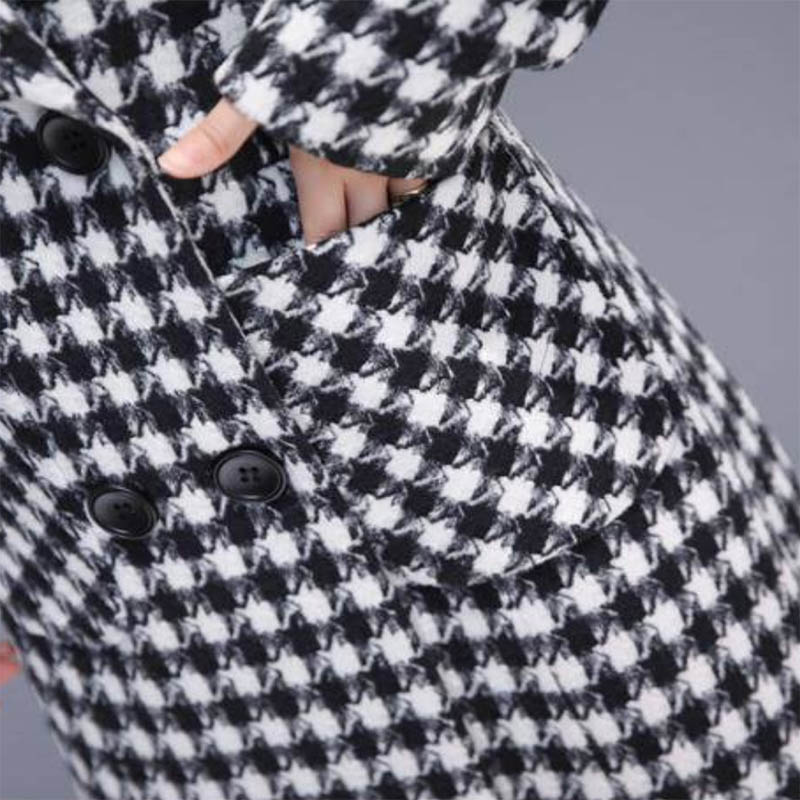 Black and White Plaid Woolen Coat Women's Mid-length Slim Temperament Coat Double-sided