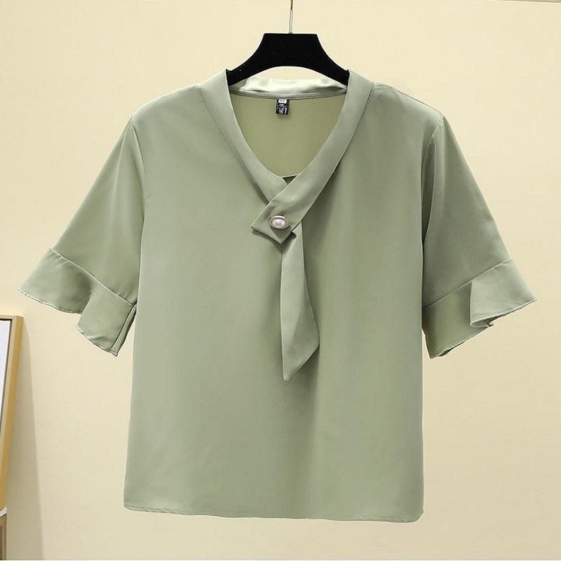 Summer Ladies Top Sleeve Shirt Chiffon Short Sleeve blouse V-neck Solid Color Breathable blouse