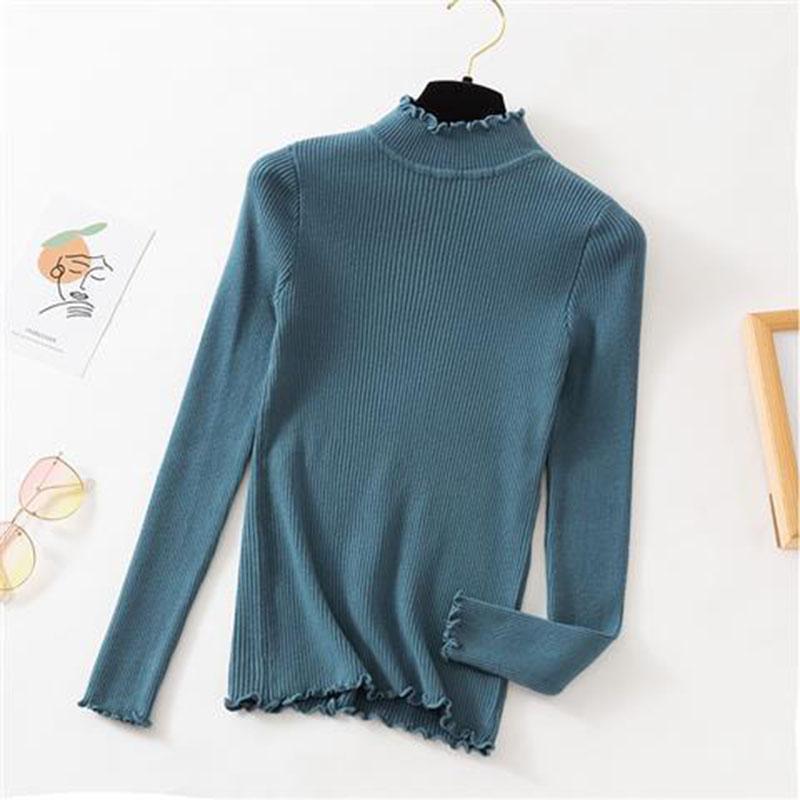 Autumn Winter New Style Half High Neck Knit Sweater with Wooden Ears Long-sleeved Pullover Slim-fit Lace-neck Sweater Women's Bottoming Shirt