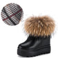 Women's Snow Boots Leather Fox Fur Wedges Non-slip Soft Bottom Boots High Heel Women's Shoes