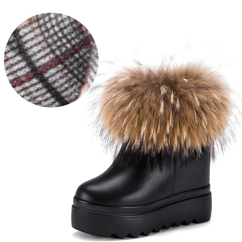 Women's Snow Boots Leather Fox Fur Wedges Non-slip Soft Bottom Boots High Heel Women's Shoes