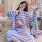 Large Size Women's Winter Warm Coral Fleece Stripes Nightdress Cute Cartoon Printing Pyjama Plus Fat Oversize Long-sleeves Pajamas Flannel Home Wear