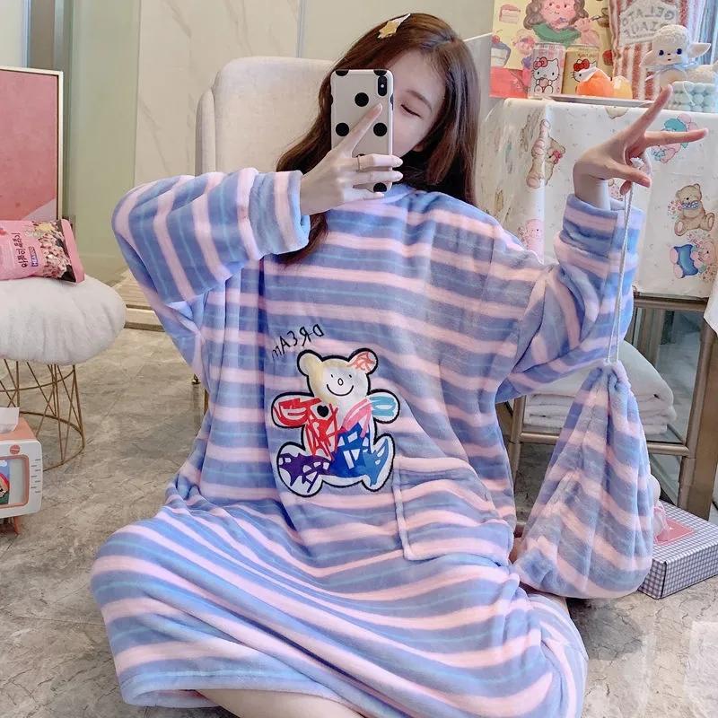 Large Size Women's Winter Warm Coral Fleece Stripes Nightdress Cute Cartoon Printing Pyjama Plus Fat Oversize Long-sleeves Pajamas Flannel Home Wear