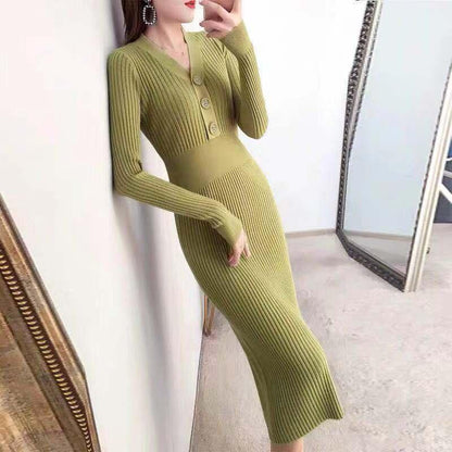 Autumn and Winter Fashion Padded Sweater Skirt Mid-length Over The Knee V-neck Knitted Dress Slim Inner Base Bag Hip Skirt
