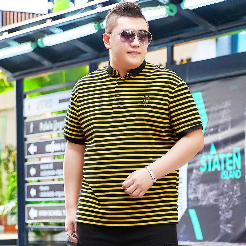 Fat Male Plus Fat Plus Size Striped Loose Short-sleeved T-shirt Fat Male Lapel Half-sleeved Polo Shirt