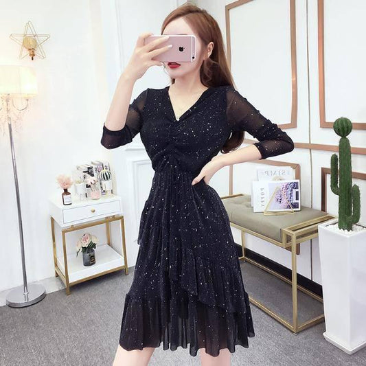 Dinner Dress Women's Fashion Temperament Long Sleeve Sexy Bright Diamond Mesh Drawstring V-neck