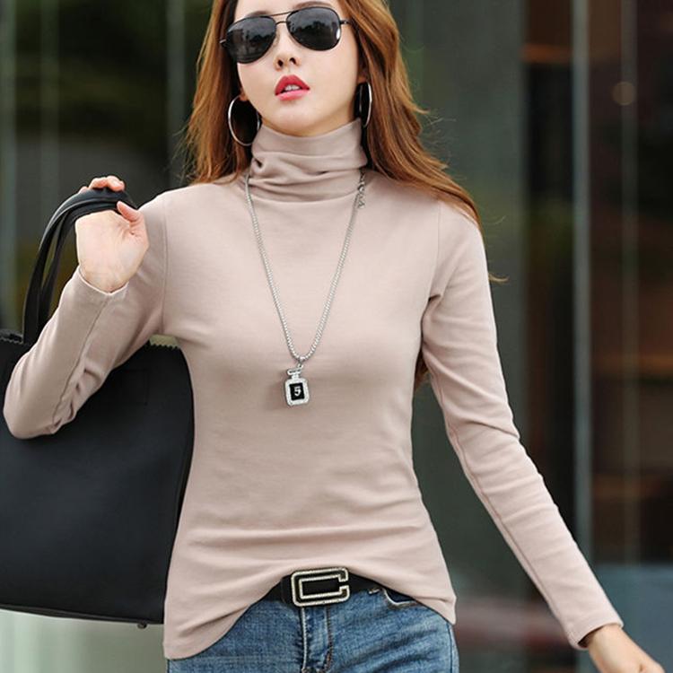 Fashion Women's Pullover Winter High Neck Women's Bottoming Shirt Long-sleeved Solid Color Slim Women's Cotton Top