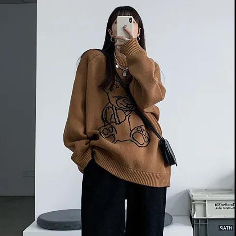Autumn and Winter Women's Sweater Korean Loose Print Pullover Sweater Cute Round Neck Top