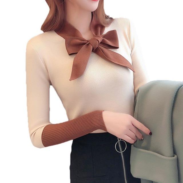 Chic Long Sleeve Knitwear Base Blouse Simple Color Pullover Bow V-Neck Jumper Women Sweater
