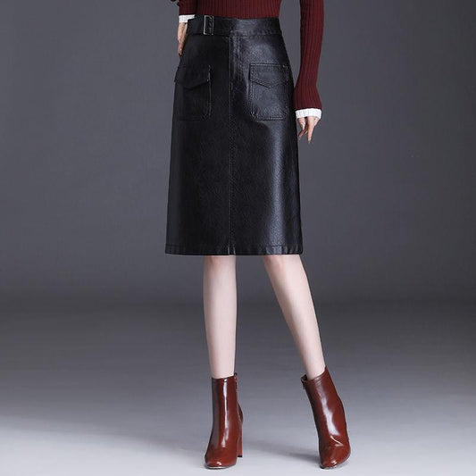 Female Autumn  Winter Leather Skirt High Waist Slim Wrap Skirt PU Leather Knee-length Bodycon Pencil Skirt