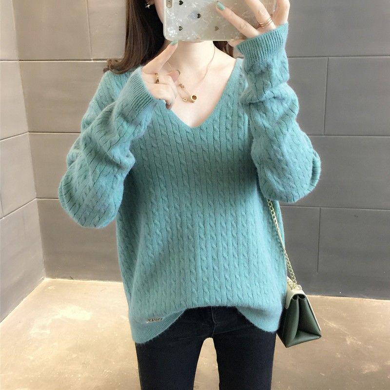 V-neck Sweater Women Spring and Autumn Loose Short Bottoming Shirt Solid Color Stitching Bottoming Blouse Women Pullover