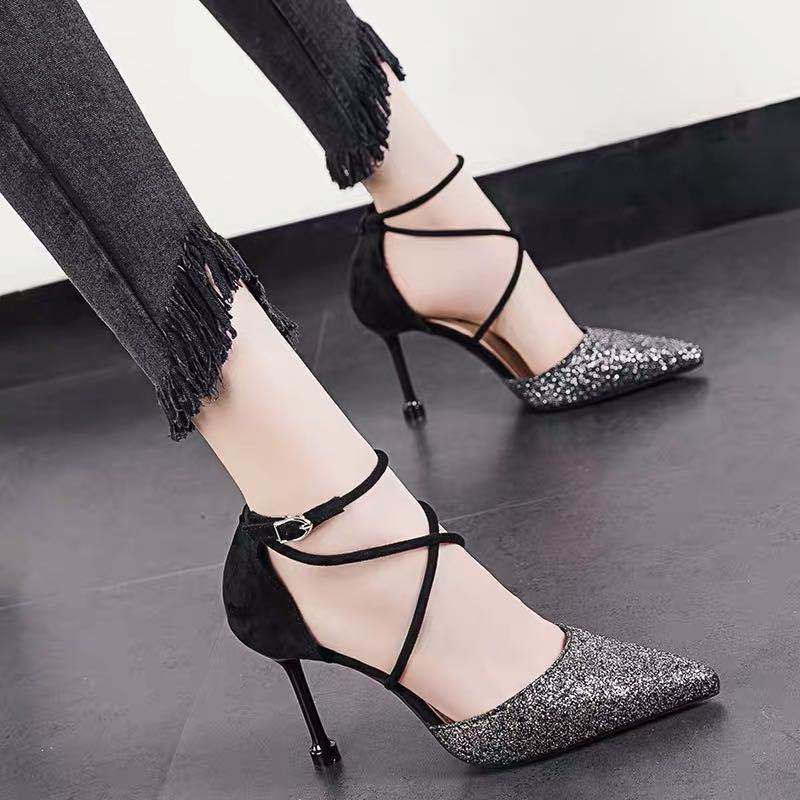 Crystal Sequins Pointed Toe High Heels Stiletto Buckle Hollow Single Shoes Cross Strap Women Sandals