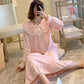 Women's Cute Japanese Sweet Bow Nightdress Doll Collar Princess Nightdress Long-sleeves Vertical Striped Pajamas Dress Loose Comfortable Homewear