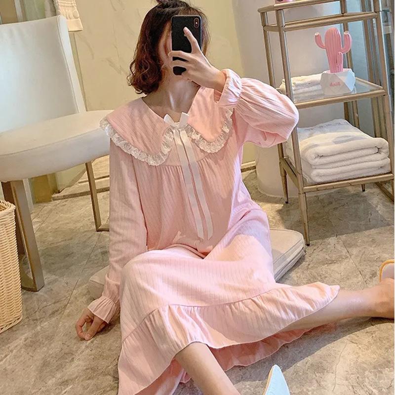Women's Cute Japanese Sweet Bow Nightdress Doll Collar Princess Nightdress Long-sleeves Vertical Striped Pajamas Dress Loose Comfortable Homewear