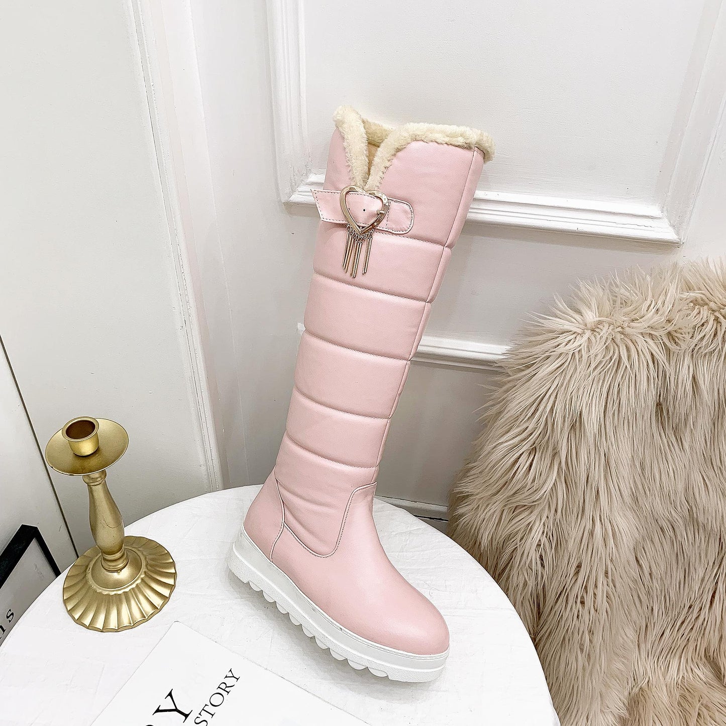 Women's High Boots Winter Shoes Waterproof Snow Boots Flat Heel Warm Fur Boots Thigh High Botas Black White 34- 43 Size