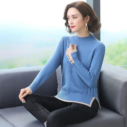 Winter Women Short Mid-High Collar Pullover Sweater Button Twist Loose Office Undershirt