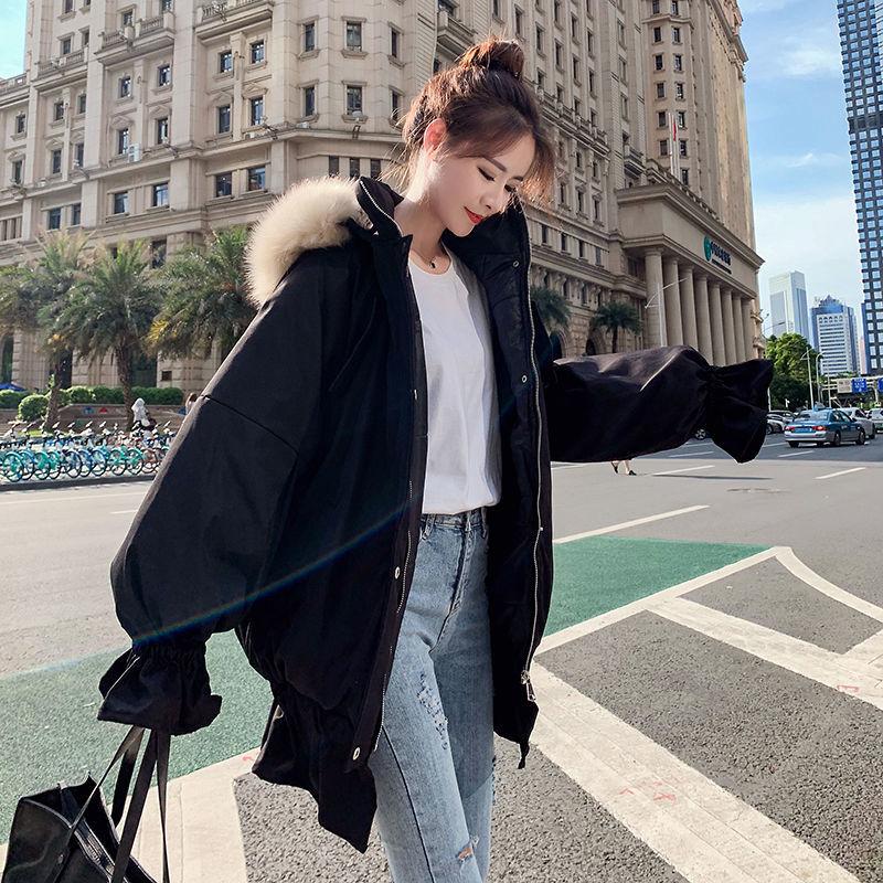 Winter Ruffled Thickened Women's Cotton-padded Jacket Mid-length Fur Collar Hooded Cute Rabbit Ears Cotton-padded Jacket Fashion Warmth Parka Coat