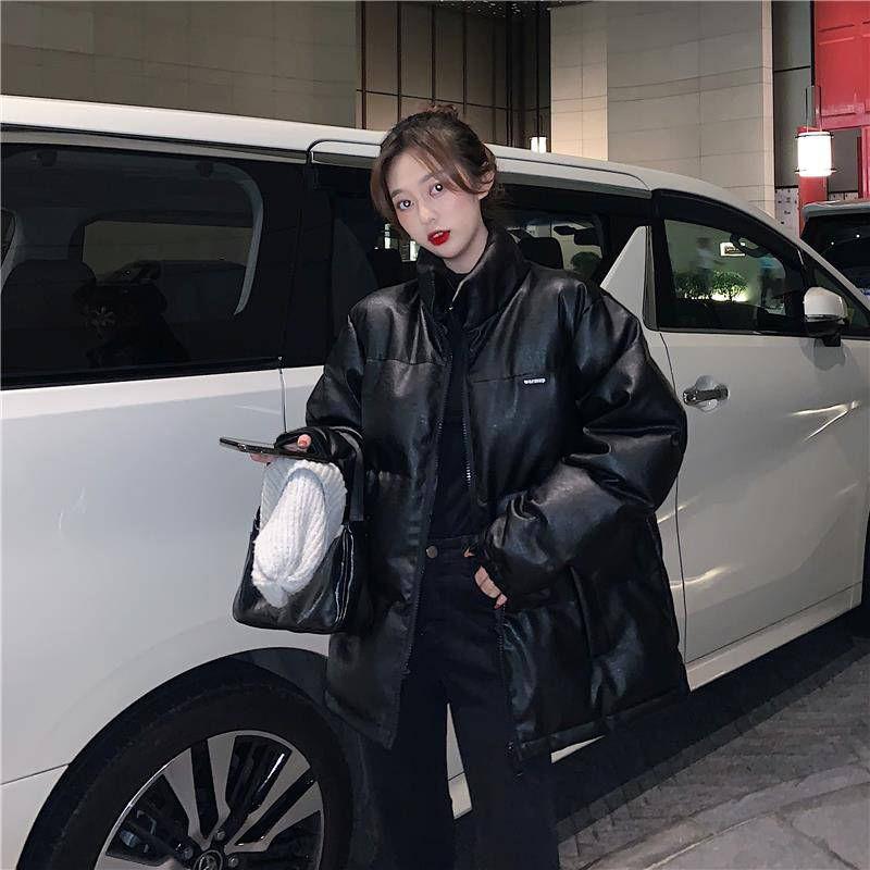 Winter Korean Style Jacket Super Shiny PU Leather Loose Thick Padded Coat Cotton Jacket Women