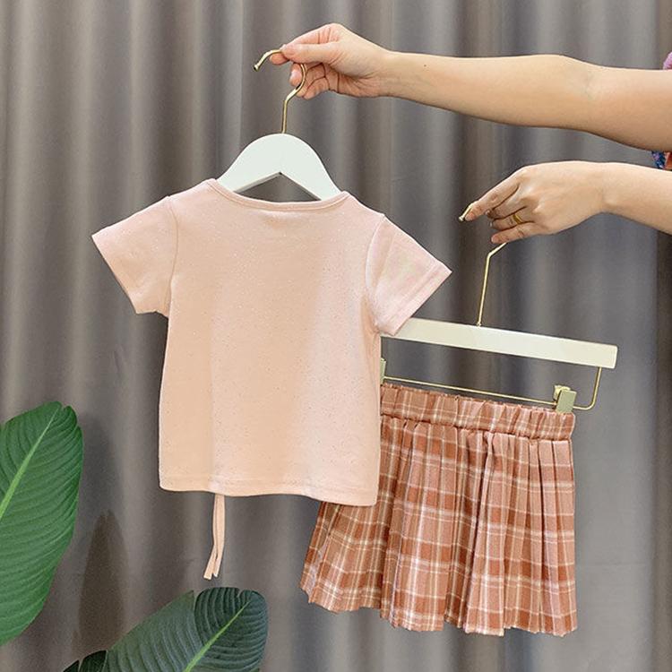 2PCS Children Clothing Set Spring Summer Girls Suits Embroidery Short Sleeve Bright Silk Tops + Pleated Plaid Dress Clothing Set