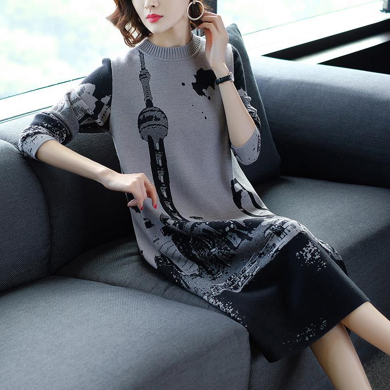 Autumn winter fashion long printed sweater dress long-sleeved pullover knitted dress female knitwear bottoming or outer wear