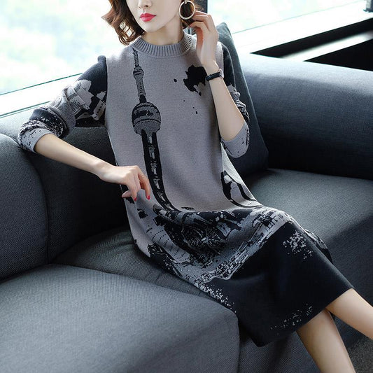 Autumn winter fashion long printed sweater dress long-sleeved pullover knitted dress female knitwear bottoming or outer wear