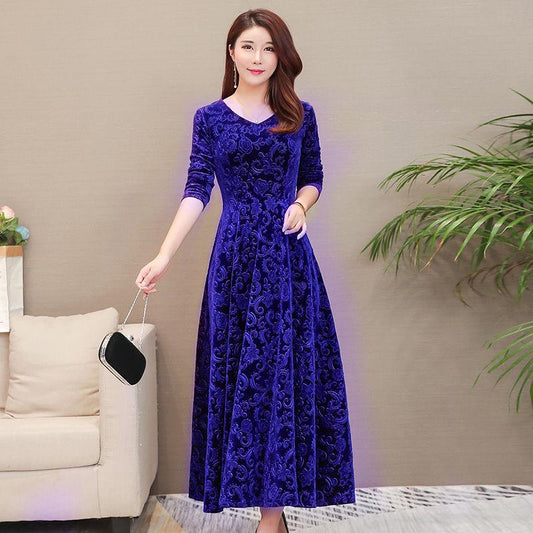 Gold Velvet V-neck Dress Long Skirt Jacquard Long-sleeved Female Temperament Slim Slimming Skirt