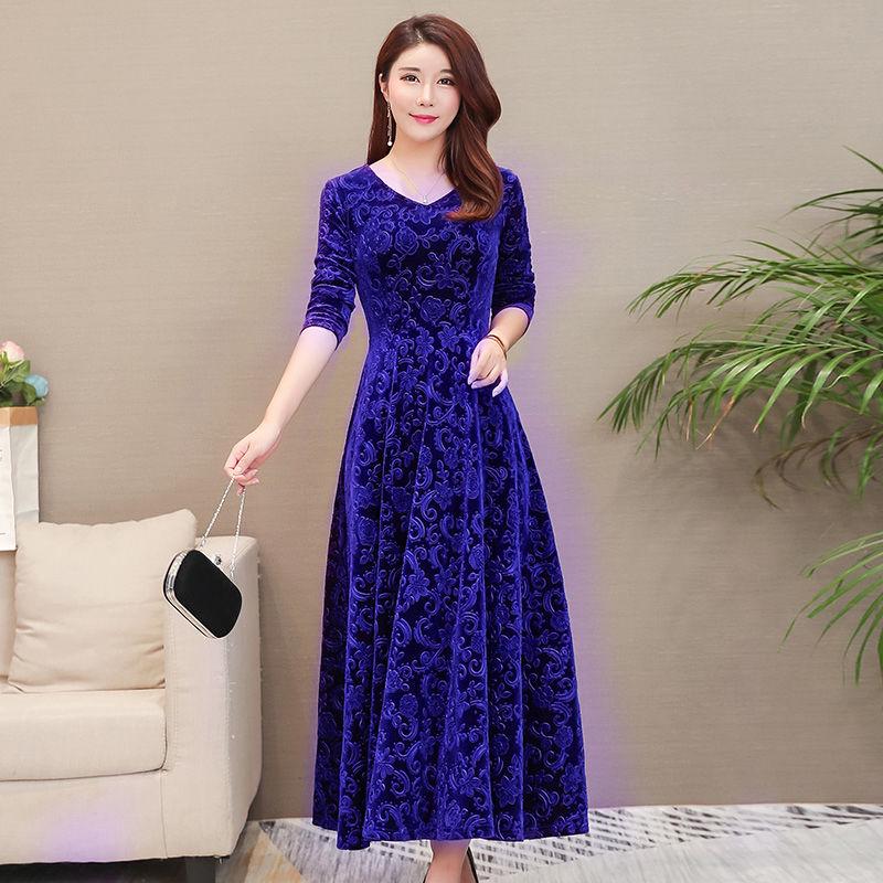 Gold Velvet V-neck Dress Long Skirt Jacquard Long-sleeved Female Temperament Slim Slimming Skirt