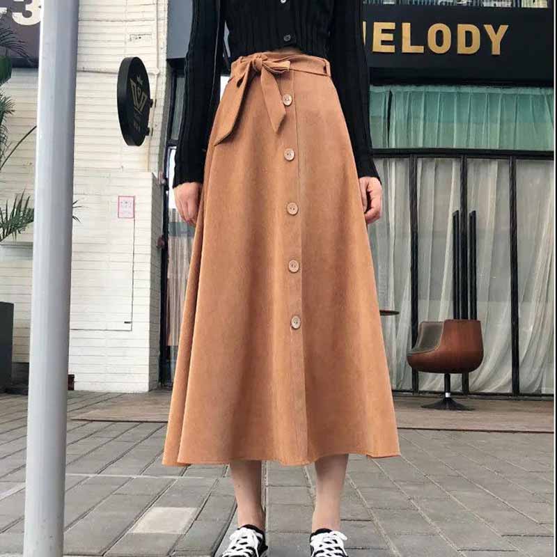 Mid-length Skirt Autumn and Winter Bow Tie Lace A-line Elastic High Waist Korean Style Slim Solid Color Buckle Large Swing Umbrella Skirt