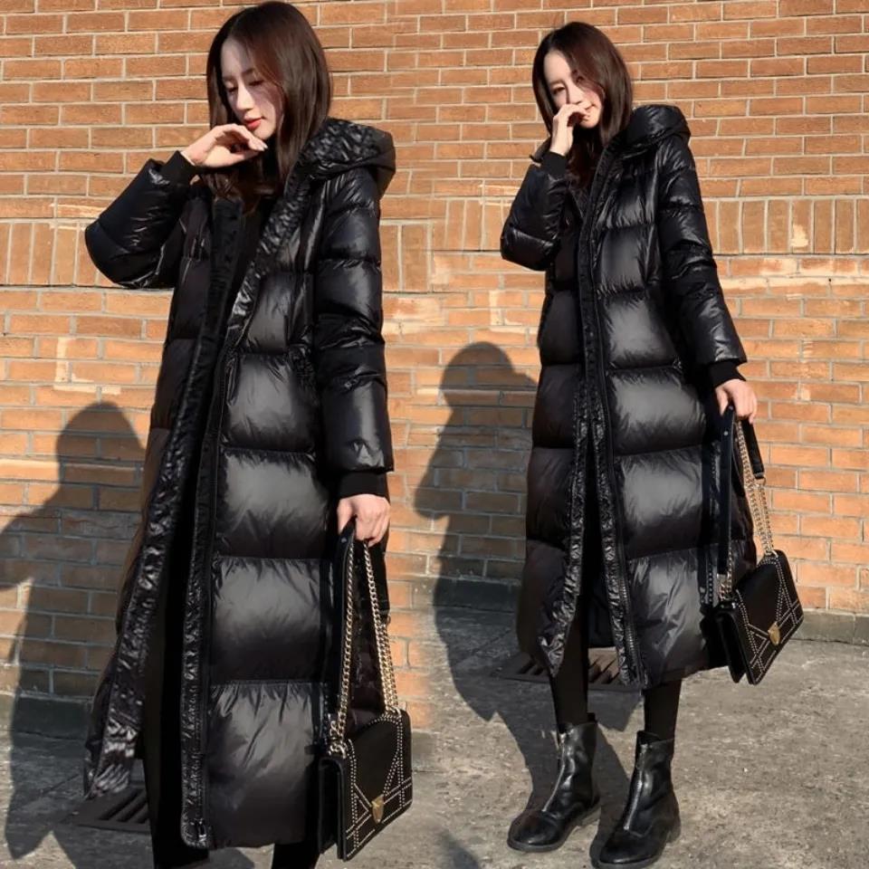 Women's New Style Black Down Cotton Jacket Korean Long Shiny Cotton Jacket Women Slim Jacket