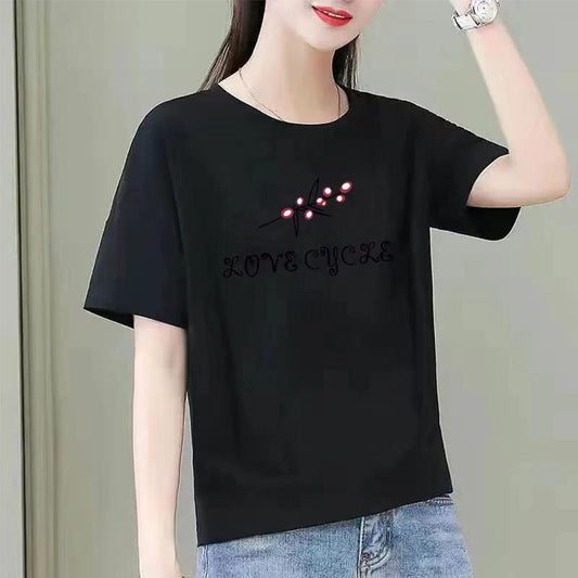 100% Cotton Pleated Short-sleeved Printed T-shirt Girls Summer Top Loose and Comfortable All-match Trendy Gown